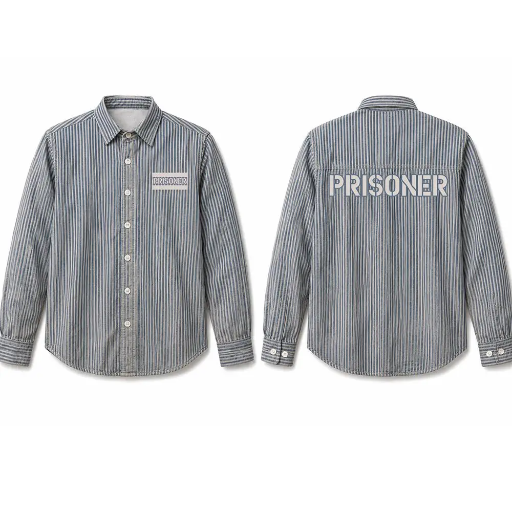 2026 New Prisoner Style Striped Shirt Men's Cotton Long Sleeve Button Down Casual Shirt Retro Letter Print Fun Cosplay Costume