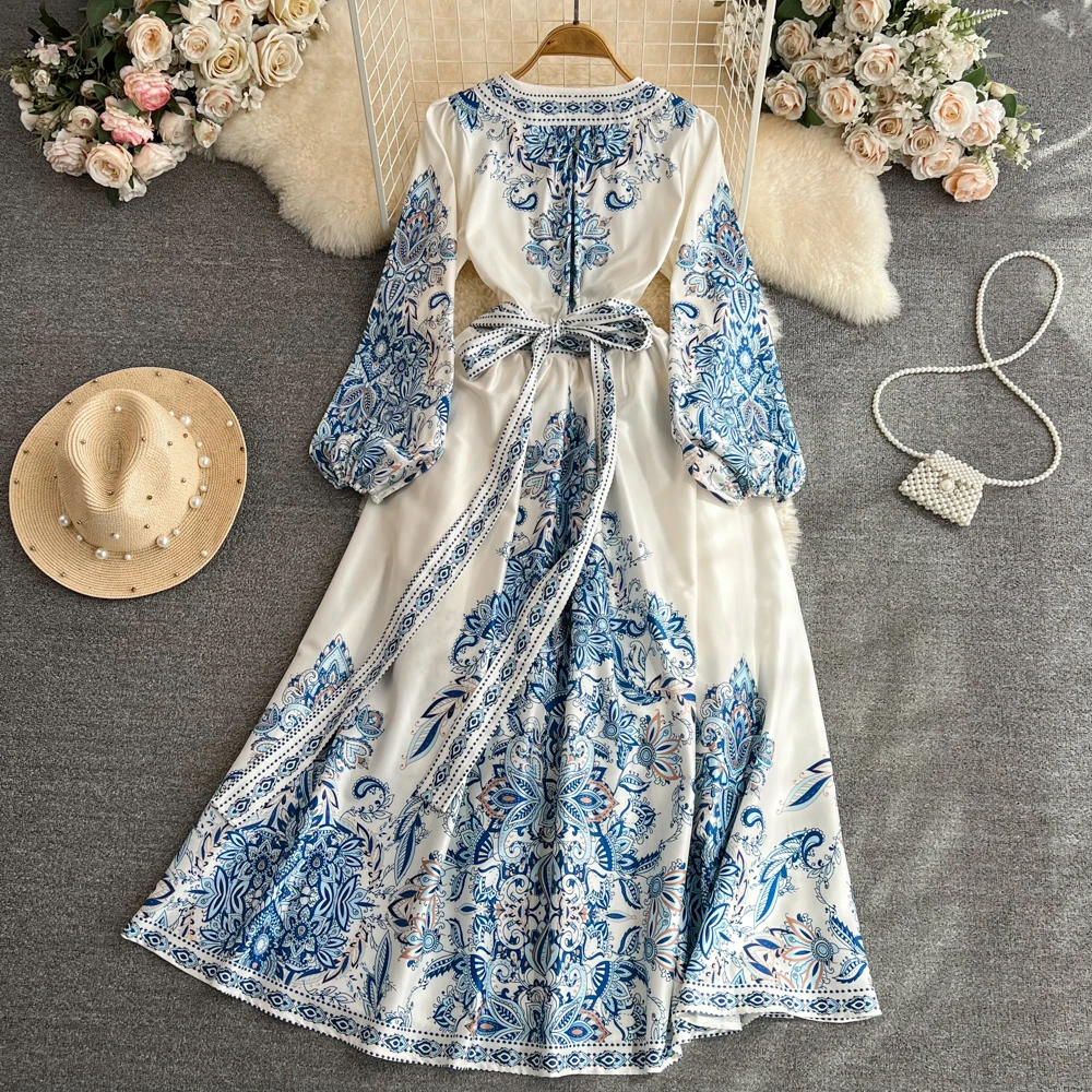UNI Spring Elegant Women Dress 2025 Fashion Puff Sleeve V Neck Boho Print Dress Vintage Belt Loose Party Dresses Femme Vestidos