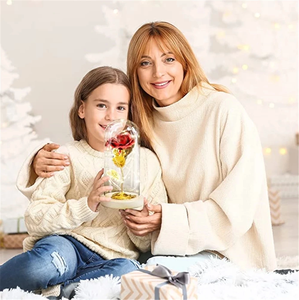 母の日の花のギフト カラフルな造花 ギャラクシーローズ ガラスドームにLEDライト付き 娘からの母のギフト