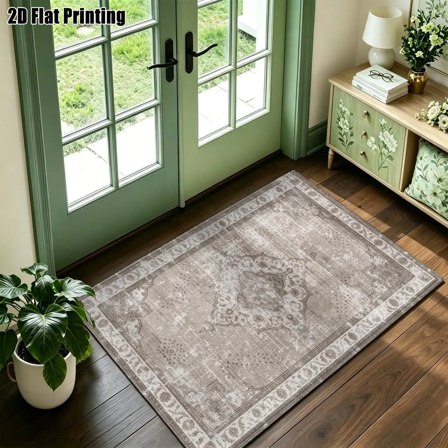1Pc 2D Printed Retro Gray Geometric Carpet: Vintage European Style, Home Decor, Multi-Size, Machine Washable, Suitable for Entrance, Living Room, Bedroom, Dining Room, Foyer as Mat/Carpet