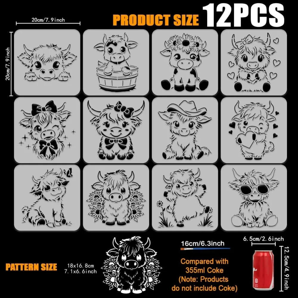 12PCS Cute Calf Painting Stencils with Paint Brush 7.9x7.9inch Flower Cow Farmhouse Drawing Templates Highland Cattle Stencils
