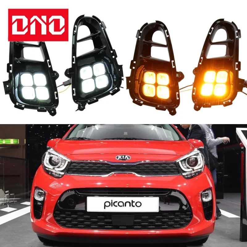 

Car LED DRL 12V Daylights For Kia Picanto 2018 2019 2020 Yellow Turn Signal Daytime Running Headlamps Auto Driving Lamp Foglamps