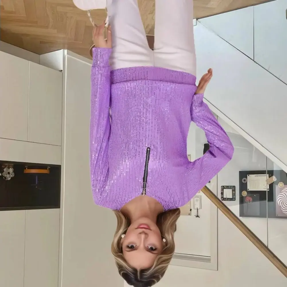 

Женская блестящая рубашка с блестками, украшенная блузка с блестками, блузка с круглым вырезом на молнии, полупланка, пуловер с длинными рукавами, топы, блестящая блузка