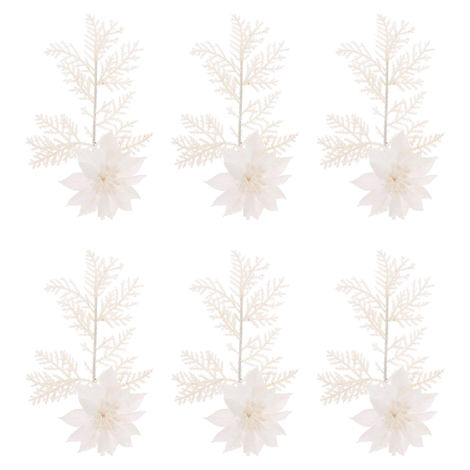 

6 Pcs Christmas Flower Pendant Tree Decorations Artificial Glitter Pine Twigs Branches Glittery Leaves White for Decorating