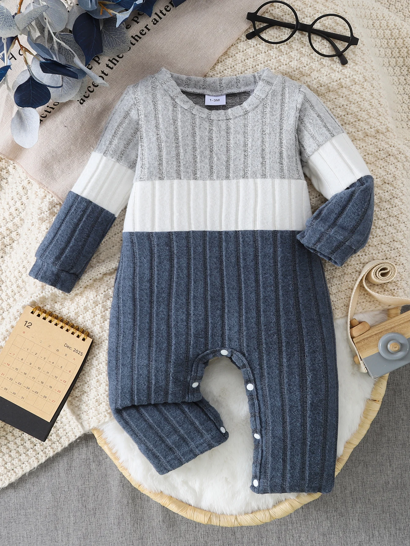 Infant Striped Knit Romper 1-18M Color Block Design Long Sleeve Jumpsuit Snap Crotch Soft Cozy Baby One Piece Casual Clothes