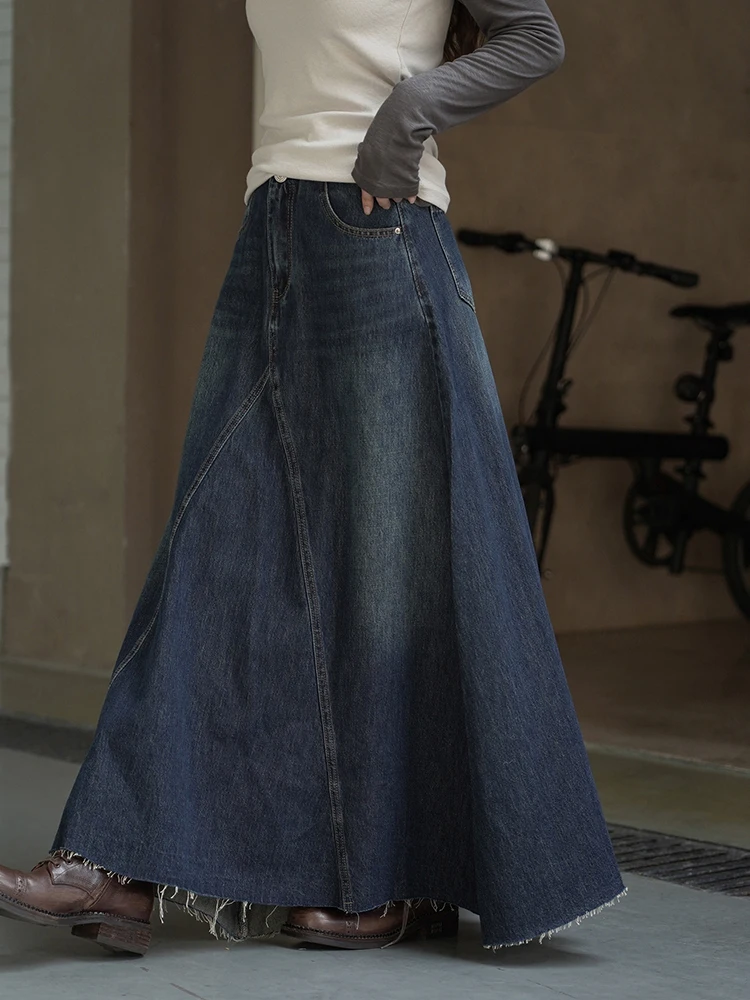 FANAN Spliced Design Washed Denim Skirts For Women High Waist A-line Mid-length Temperament Streetwear Skirt 2025 Autumn New