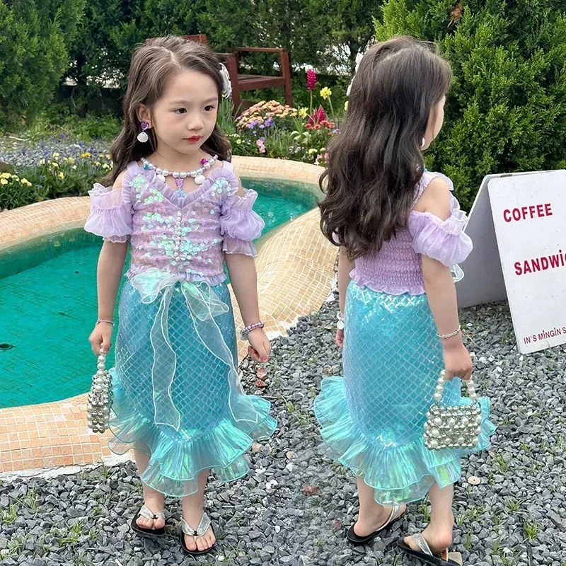 

Little Mermaid Dress Girls Cosplay Princess Vestido Kids 2Pcs Set Costume Children Birthday Summer Carnival Party Fancy Clothing