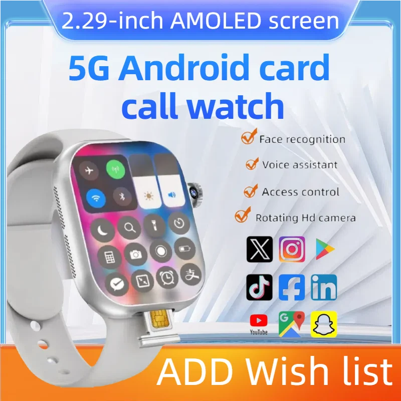 

Умные часы 5G, глобальная версия, 2,29-дюймовый AMOLED-экран с 180 ° вращающаяся камера, поддерживает SIM-карту, Wi-Fi, GPS-видеовызов