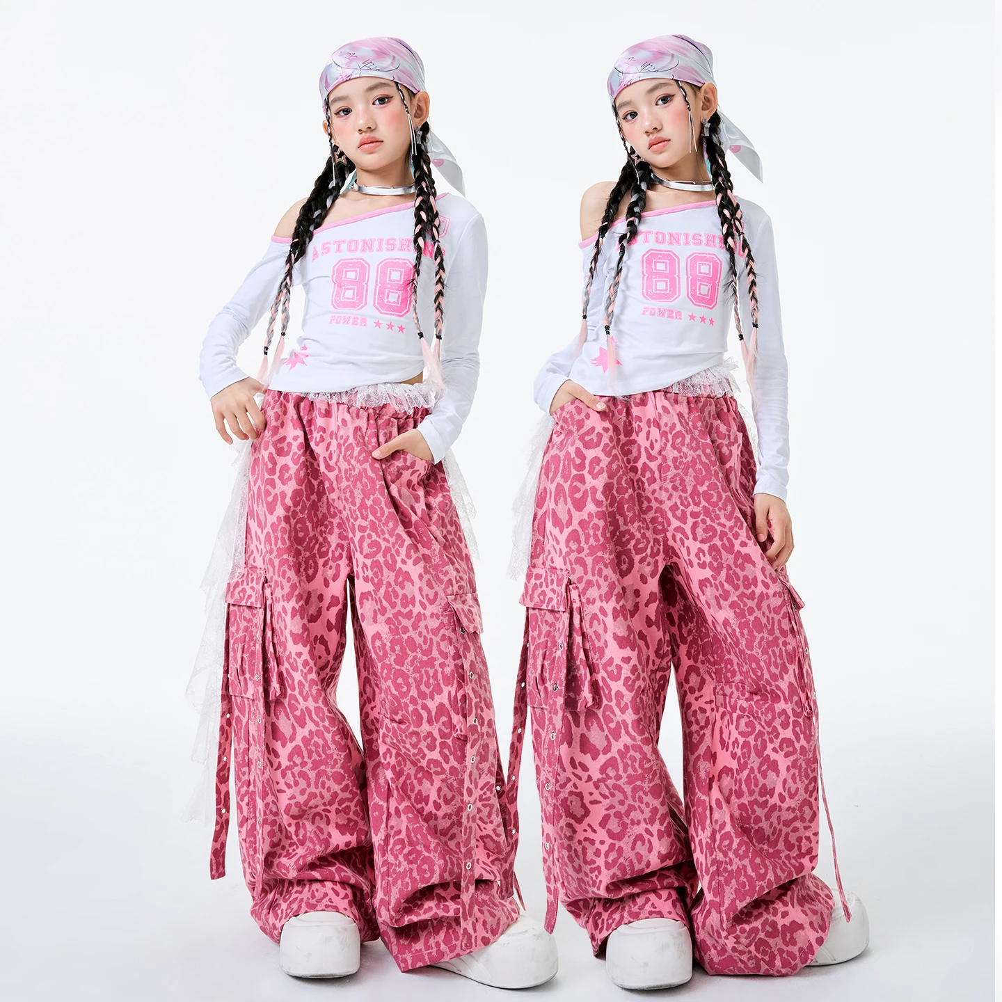 New Kids Cool Hip Hop Clothing Girls Jazz Dance Costume White Top Leopard Pants Children'S Ballroom Dance Street Suit XS10430