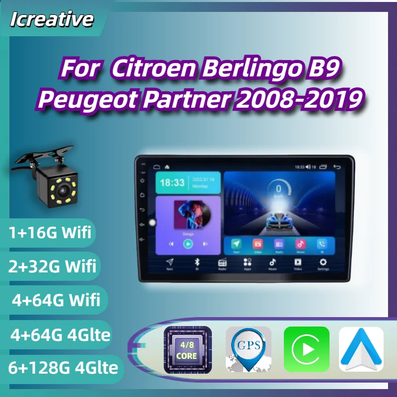 

Car Radio Android for Citroen Berlingo B9 2008-2019 Peugeot Partner 2Din 9‘’ Multimedia Carplay Wireless Player Navigation GPS