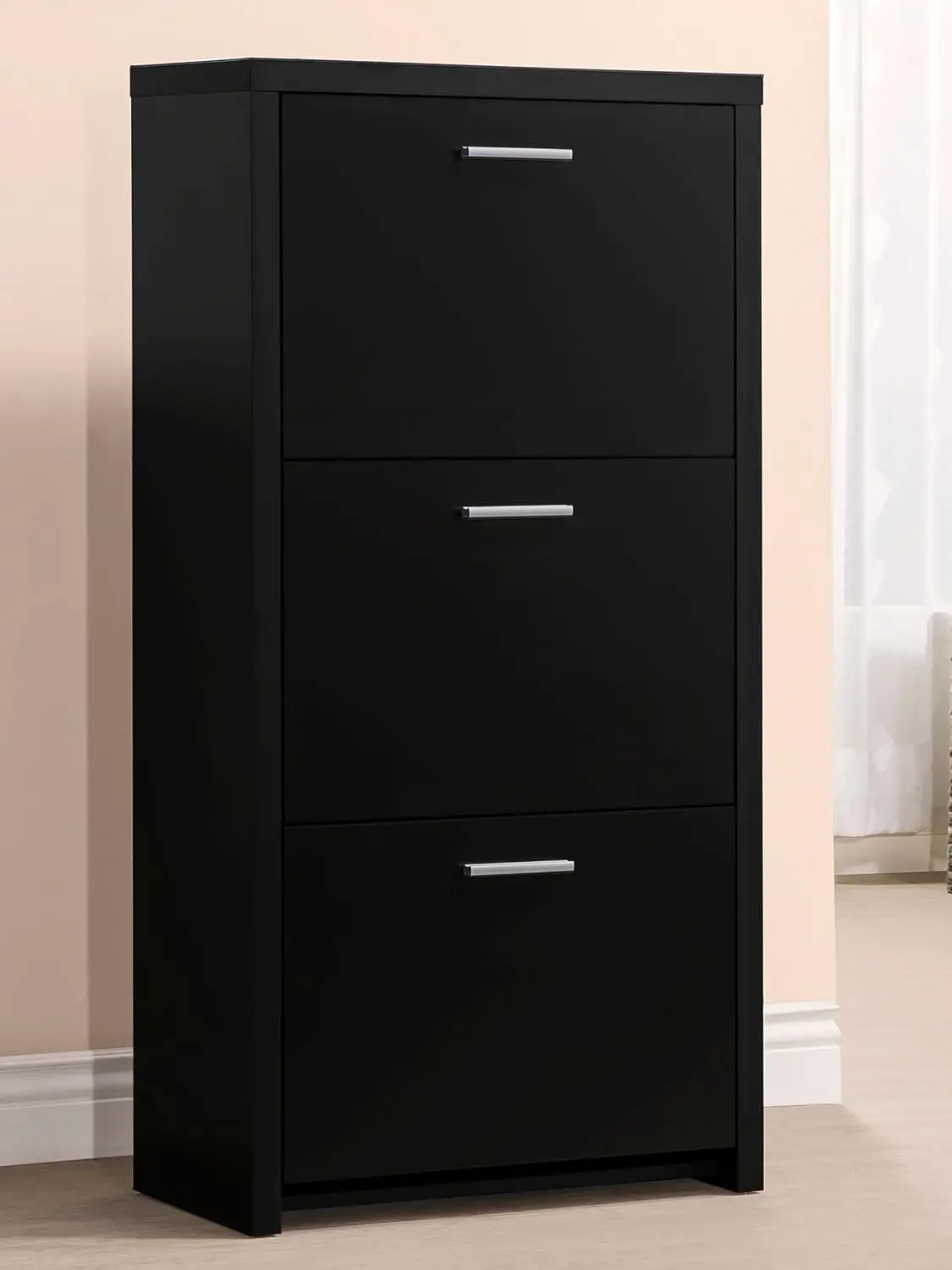 Wide 3-Drawer Flip Down Shoe Cabinet Chrome Handles, Two Tiers Per Drawer, Entryway Storage 23.5 Inch Black, Customized