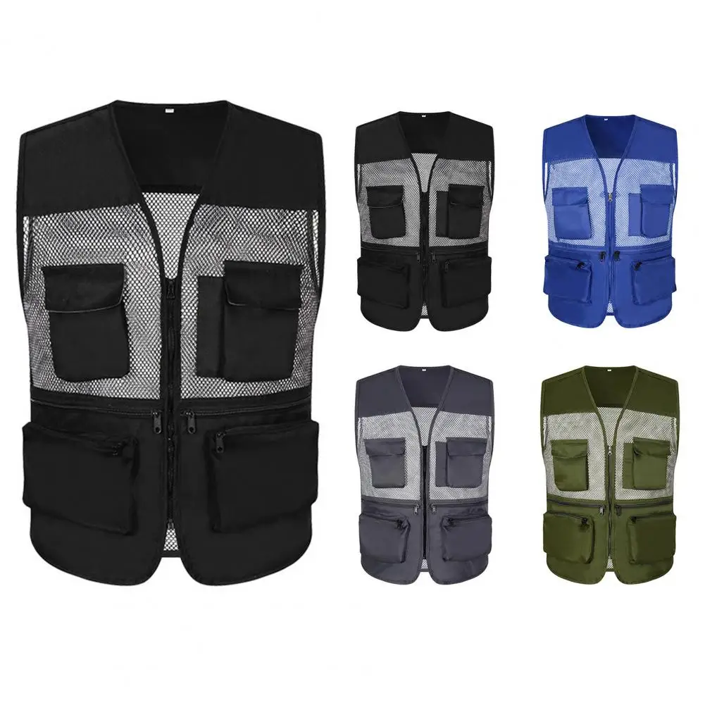 Men Mesh Vest Men's Multi-pocket Sleeveless Cargo Vest with Breathable Mesh Zipper Placket Hip Hop Style Outdoor for Photography