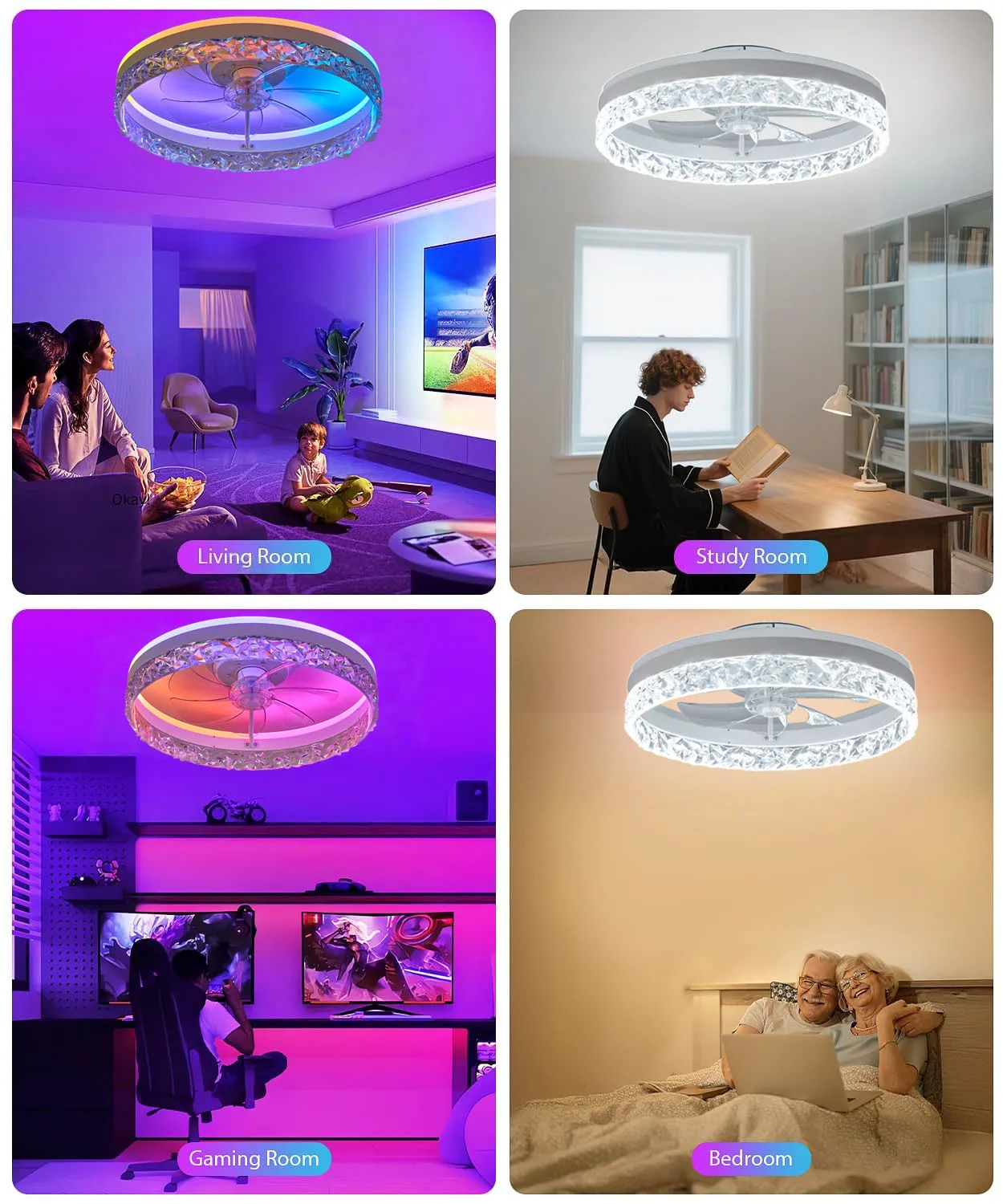 RGB Smart Ceiling Fan Light 6-speed Fan + Starry Sky Effect, Modern and Low-key Ceiling Fan Light with LED Lights