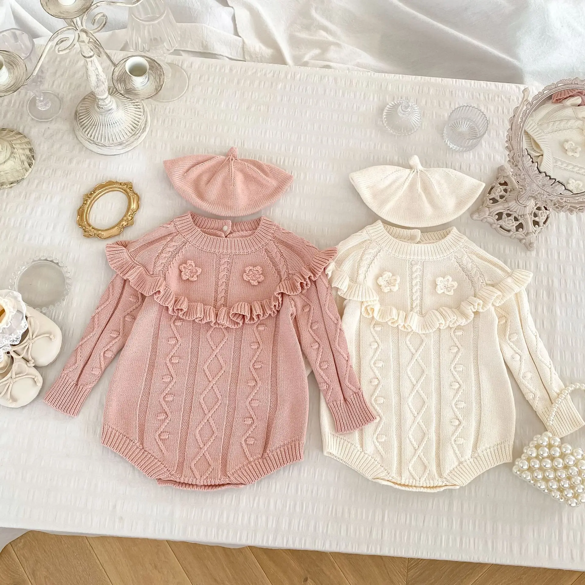 Infant Girl Sweet Flower Jumpsuit Cotton Newborn Toddler Clothes 0-24M 2025 Autumn New Baby Long Sleeve Knitted Bodysuit Solid