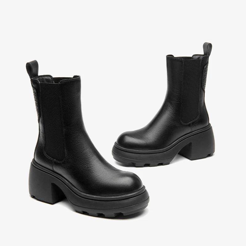 BEAUTODAY Chelsea Boots kobiety prawdziwa bydlęca skóra jednolity kolor z okrągłym noskiem wsuwane gumki zimowe damskie buty ręcznie robione 03 a53