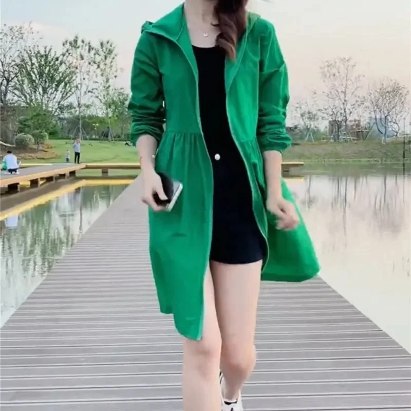 

Женские летние куртки-пальто с защитой от солнца, свободного кроя, модные, с карманами, длинным рукавом, капюшоном, на молнии, повседневные, в корейском стиле