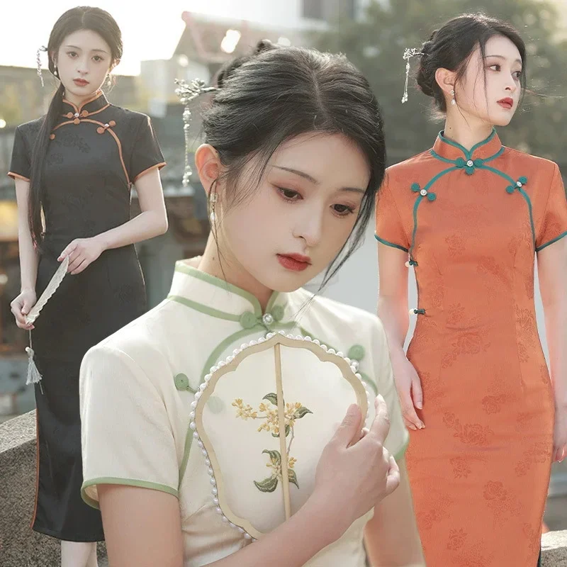 

Весна/Лето 2022, новый молодежный элитный темпераментный улучшенный длинный стиль, однотонный жаккардовый атласный Cheongsam для девочек