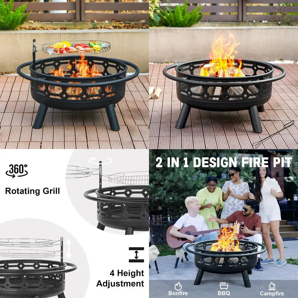 

«Прочная 36-дюймовая круглая уличная каминная яма со съемным грилем и покером, универсальный камин с дровью»