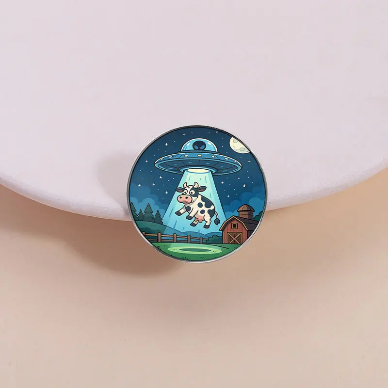 Pines Fun Alien UFO Cow Brooch Retro Farm Theme Cartoon Badge Student Backpack Brooch Brooches for Clothing Badges for Clothes