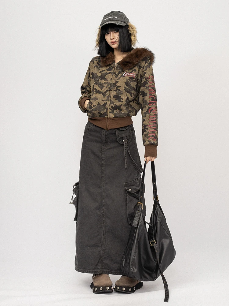 OCTTFLAB 아메리칸 레트로 카무플라주 숏 재킷 여성용 따뜻한 양면 플로킹 유틸리티 코트 가을 겨울 여성용 탑