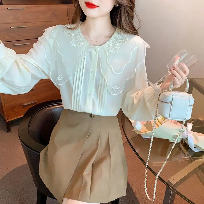 New French Doll Neck Chiffon Shirt for Women Long Sleeved Lace Versatile Stylish and Slimming Top