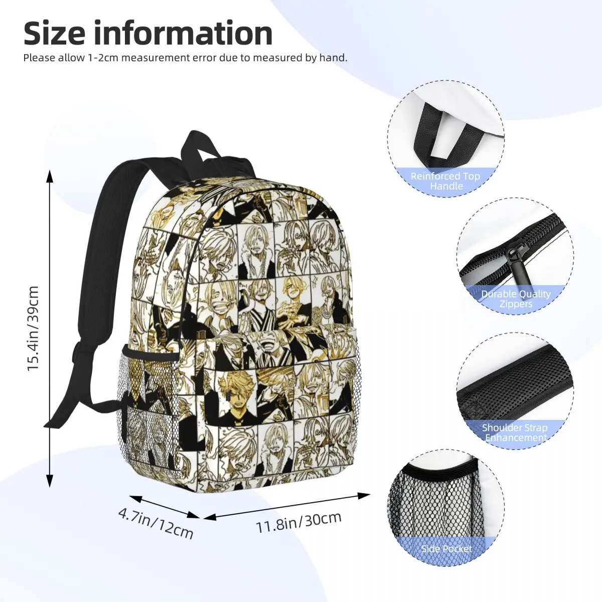 Sanji - Mochila escolar casual leve impressa com colagem de painel mangá de uma peça para escola, ao ar livre, compras, escritório 15 polegadas