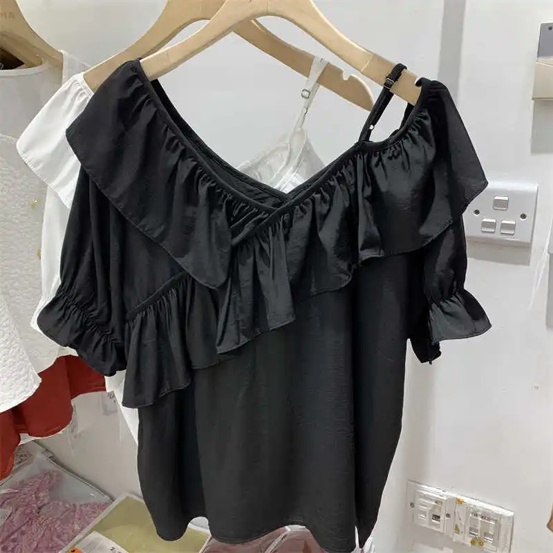 Estilo francês senhoras mangas curtas verão solto decote em v mangas de folha de lótus topo cor sólida casual deslocamento halter