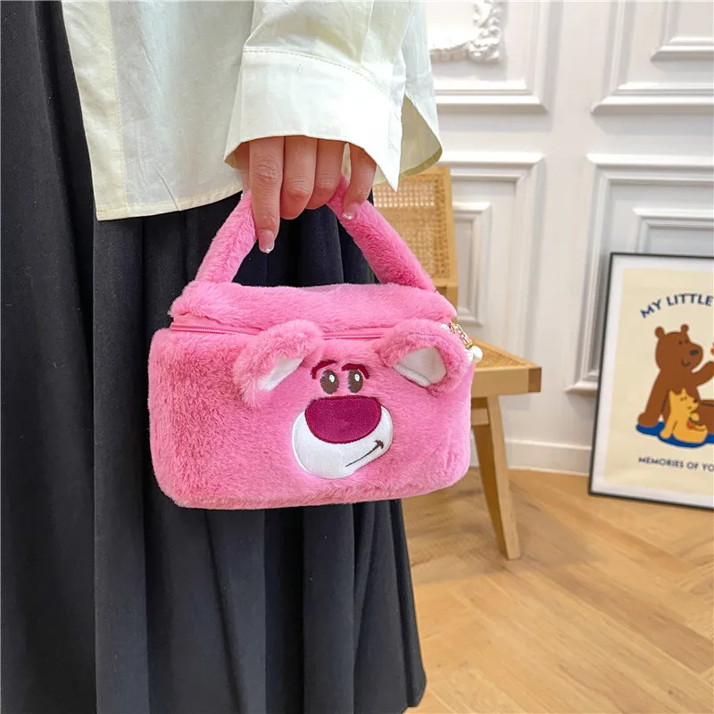 Disney Stitch Women\'s Makeup Bag Girl Cartoon Cute Plush Strawberry Bear Handbag Makeup Bag Large Capacity Zipper Storage Bag