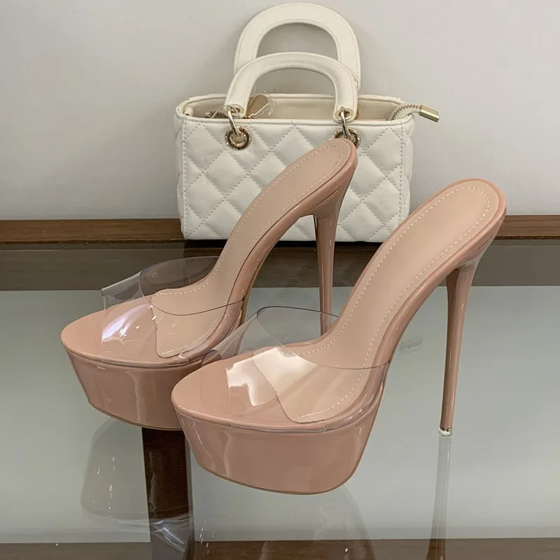 

Aneikeh Summer New Women Nude Platform Clear PVC Stiletto Heel Mules Open Toe Transparent High Heels Party Slides Shoes