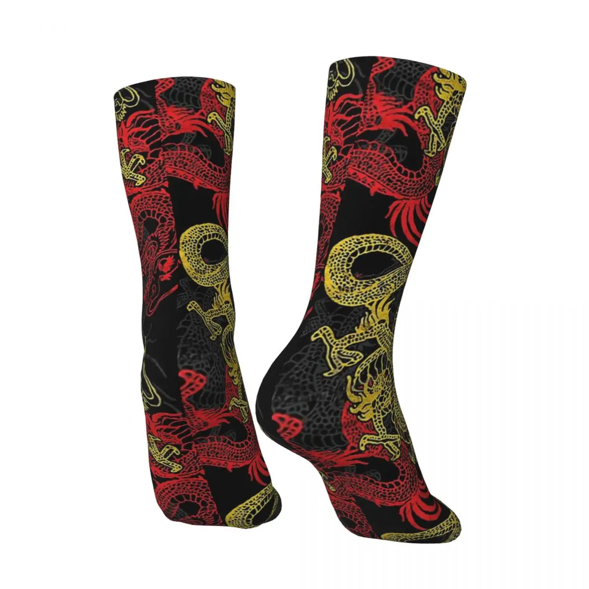 Chaussettes à col rond pour hommes et femmes, motif de dragon doré, bas de cyclisme, style chinois, nouveauté, printemps, été, automne, hiver, cadeau