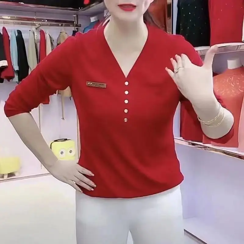 

Women's V-Neck Solid Color Long Sleeve T-Shirt Stretch Cotton Versatile Fashion Office Wear Spring Autumn Tops