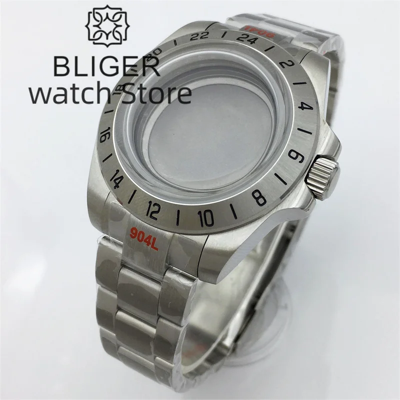 BLIGER 40mm Explorer 2 Case Solid bezel Dome Glass Fit NH34 NH35 NH36 ETA2824 PT5000 movement Stainless Steel Watch Case