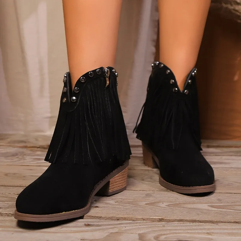 Botas femininas 2024 vintage marrom rebites borlas sapatos de cowboy feminino dedo do pé pontiagudo cowgirls ocidental tornozelo botas bloco alto botas mujer