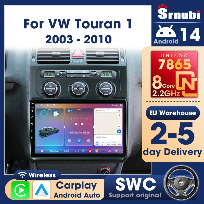 Autoradio Srnubi Android 14 per Volkswagen VW Touran 1 2003-2010, Schermo QLED Carplay, Lettore Multimediale, Unità di Navigazione
