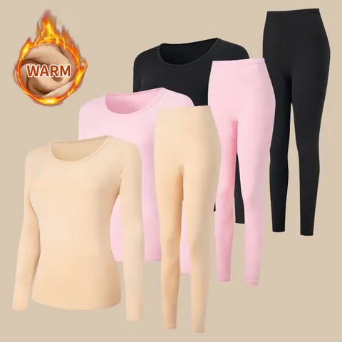 2-piece Women's Solid Color Round Neck Warm Suit For Autumn And Winter Comfortable And Versatile Sports And Leisure Base Shirt
