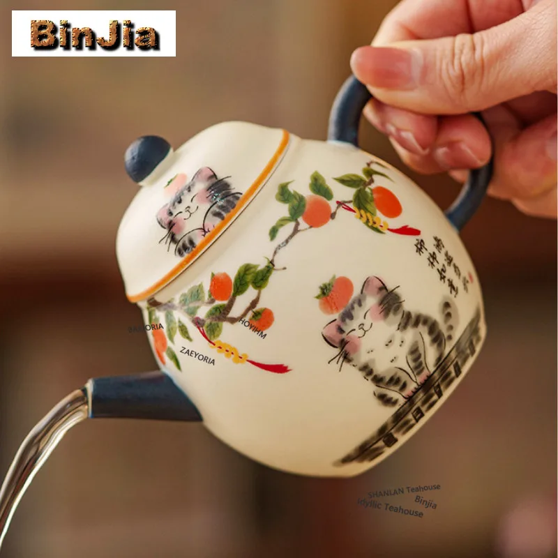 155ml Decal Happy Persimmon Cat Teapot Japanese Tea Infuser Pot Household Tea Soaking Kettle With Filter Teaware Decoration