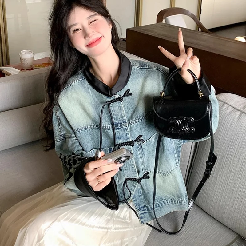 Nouveau Style chinois mode femmes Denim manteau automne épissage impression Denim vestes