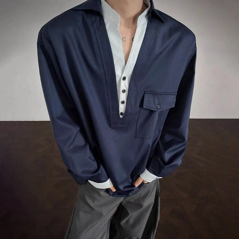 

Мужская рубашка, искусственная двухсекционная деловая повседневная рубашка, модная повседневная молодежная британская универсальная верхняя одежда с длинными рукавами, новинка 2023 года