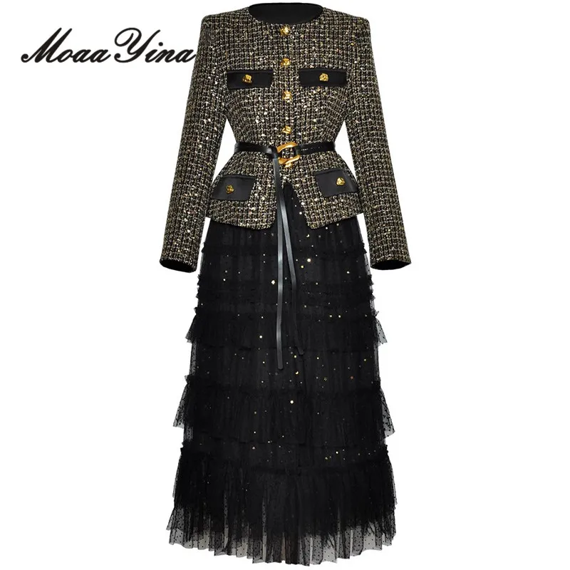 MoaaYina Women's Single breasted Strap Waist Top Coat Mesh sequin Half Skirt Fashion Small Fragrant temperament Two piece Set