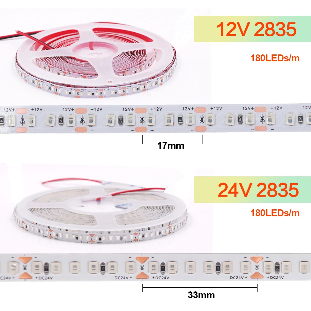 180 LEDs/M LED Strip Light SMD2835 10M/Roll 12V 24V Multicolors Super Flex Adhesive LED Tape for Handmade Mirror TV Backlight