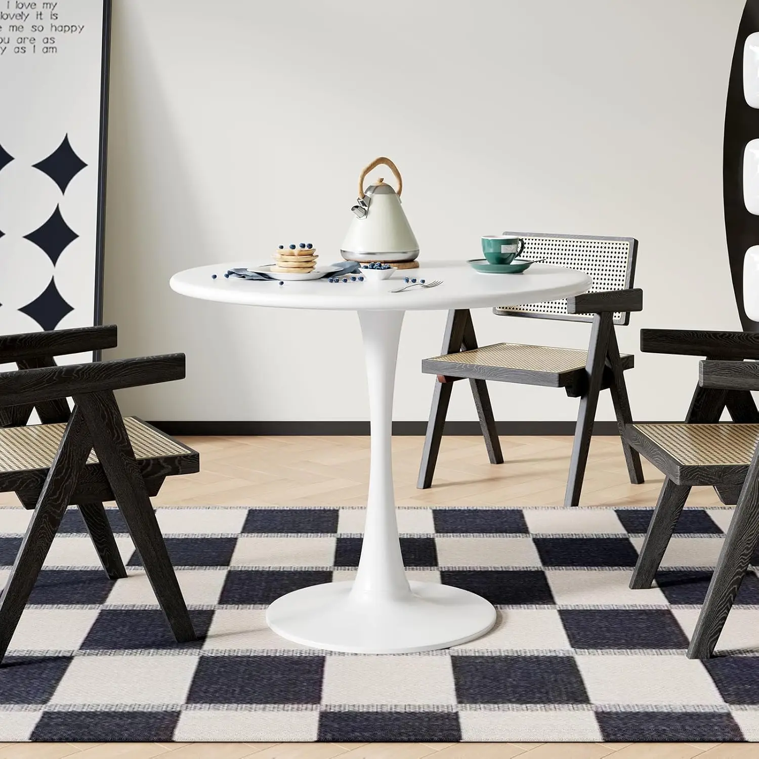 White Round Dining Table For 2, 24 Inch Small Tulip Table With Metal Pedestal For Living Room, Mid Century Modern Table For