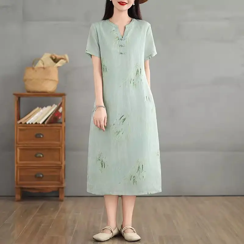 Cotton And Linen Printed Retro Style Dress 2024 Women's Summer Loose V-Neck Qipao Women's Mid Length Fashionable Clothes K1791