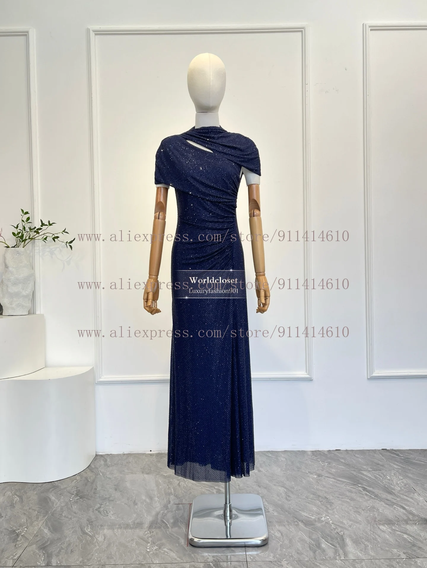 

Navy Blue Full Diamond Asymmetric High Neck Cutout Ruched Waist Formal Evening Dress