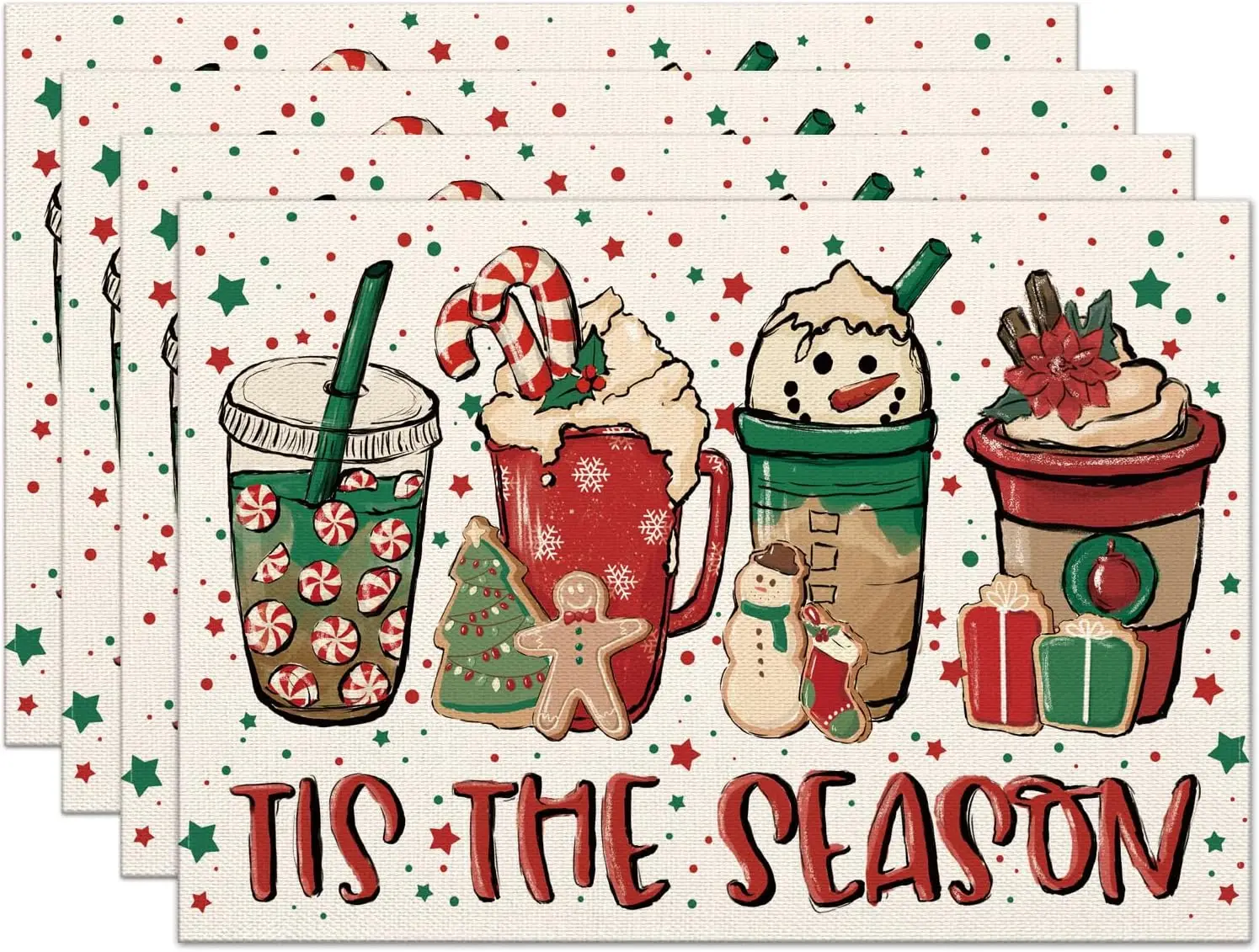 

Christmas Placemats 12x18 Inch Tis The Season Cute Xmas Drinks Table Mats Winter Holiday Decor for Home Kitchen Dining Party