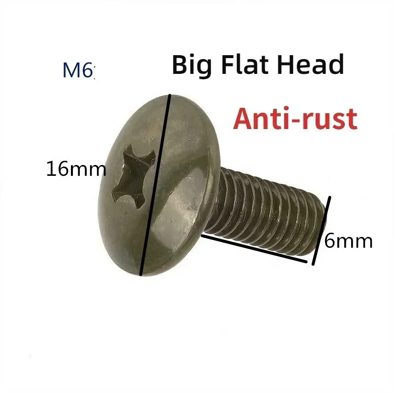 100pc 6mm Big Flat Head Cross Bolts M6 for Electric Scooter License Plate Motorcycle Panel Body Screw Mushroom Head Phillips