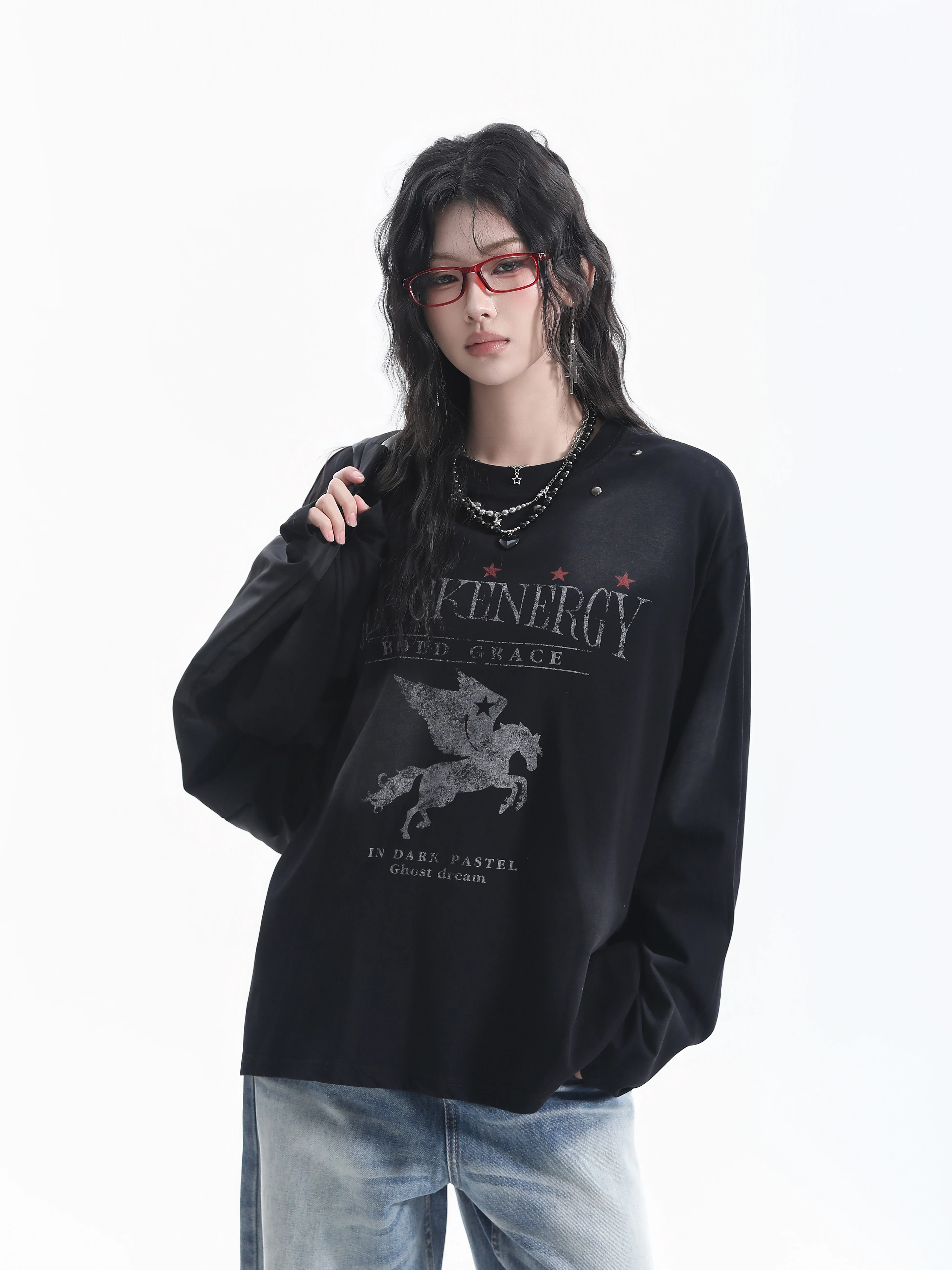 Retro American Star Print Long Sleeve T-Shirt Women's Rivet Worn Loose Neutral Style Layered Top Cotton Casual Style round Neck