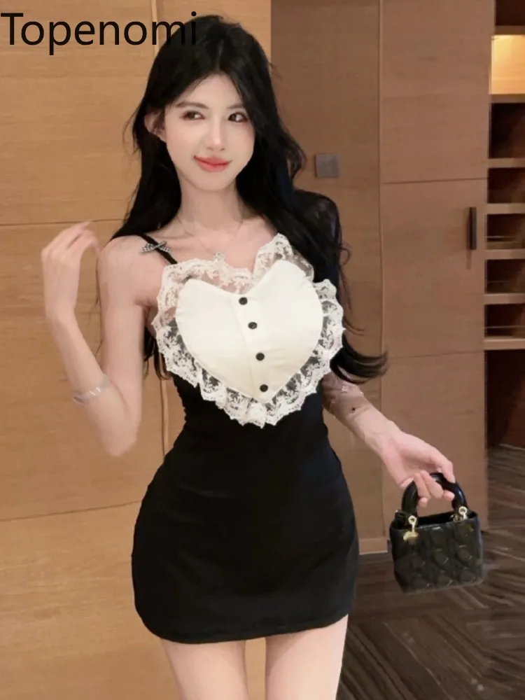 Topenomi Birthday Party Mini Dress Women Sweet Heart Lace Patchwork Waist Slim Evening Gown Fashion Sleeveless Cocktail Vestidos