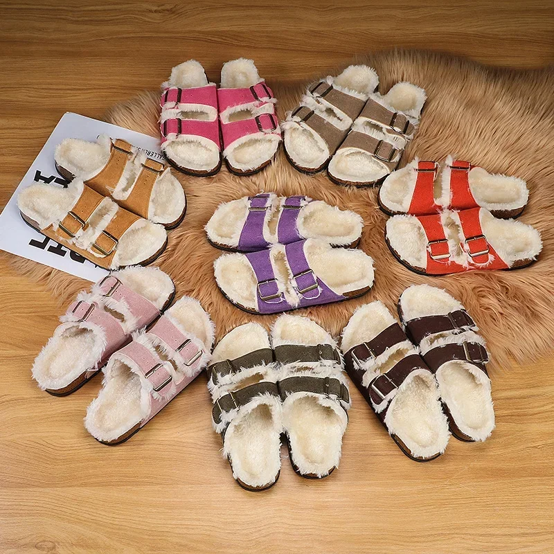 YUYIN New Winter Classic Winter Mules for Women Men Fur Suede Clogs Cork Footbed Cozy Fuzzy Slippers with Adjustable Buckle