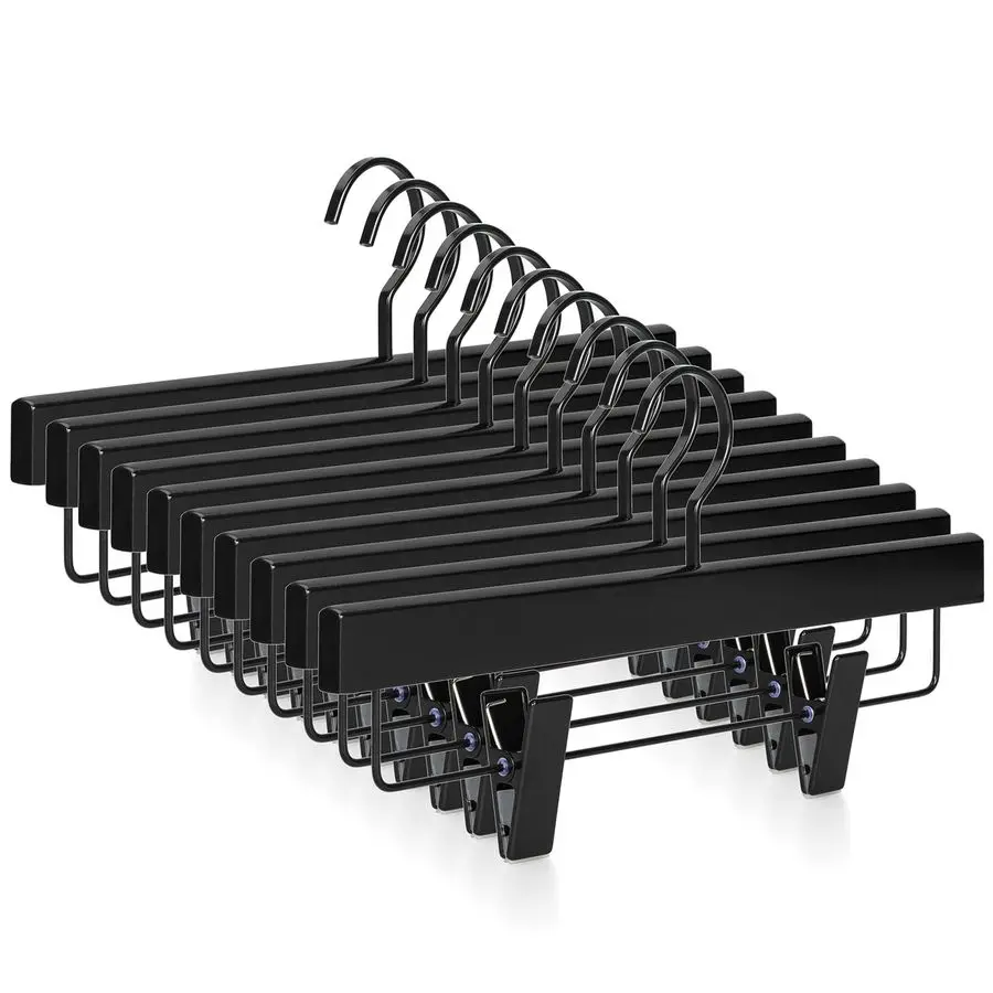 

Black Wooden Pants Hangers, Wood Skirt Hangers with Clips, Deluxe Jeans Hanger with 360 Swivel AntiRust Flat Hook, Smooth Finish
