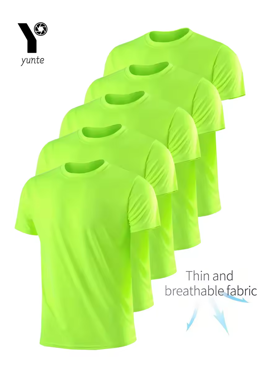 Crew T-Shirt5Pcs Fluorescent Green Ultralight Men Quick Dry Breathable Sweat Shirt for Fitness Gym and Running Light Plaid Quick
